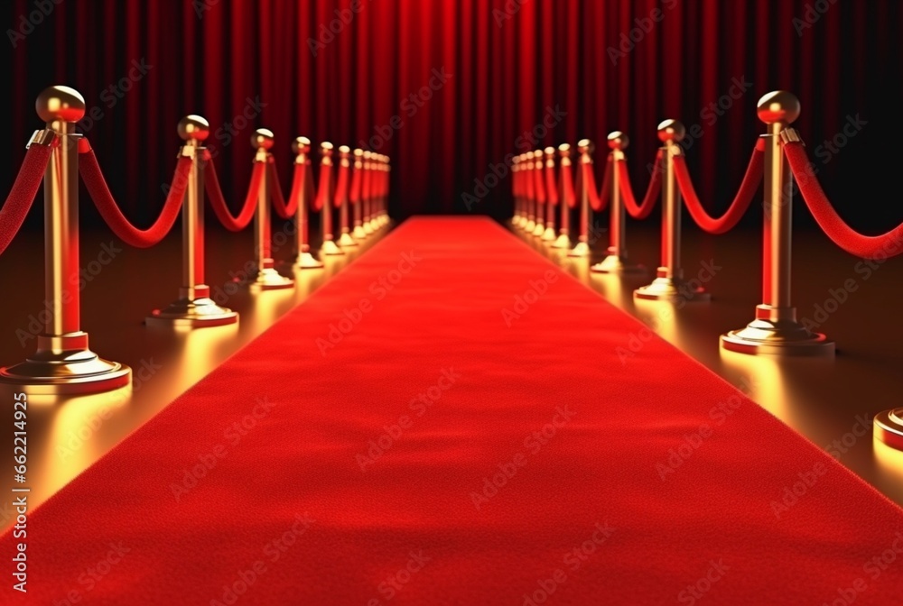 Red Carpet hallway with barriers and red ropes for Cinema and Fashion awards, a ceremony for celebrities persons. Generative AI Red Carpet hallway with barriers and red ropes for Cinema and Fashion awards, a ceremony for celebrities persons. Generative AI