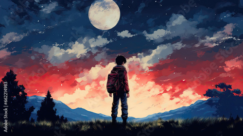 Silhouette of a boy in a raincoat standing on the hill and looking at the moon