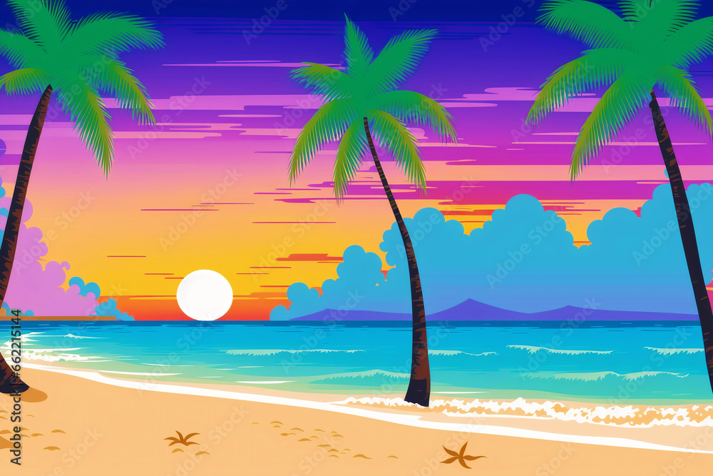 Obraz premium Summer vacation concept. Sunset Serenade. A Mesmerizing Evening on the Beach. Generative AI