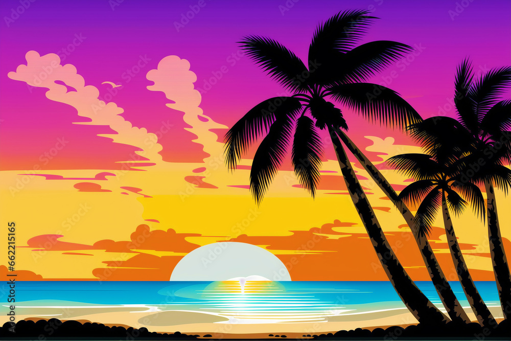 Summer vacation concept. Sunset Serenade. A Mesmerizing Evening on the Beach. Generative AI