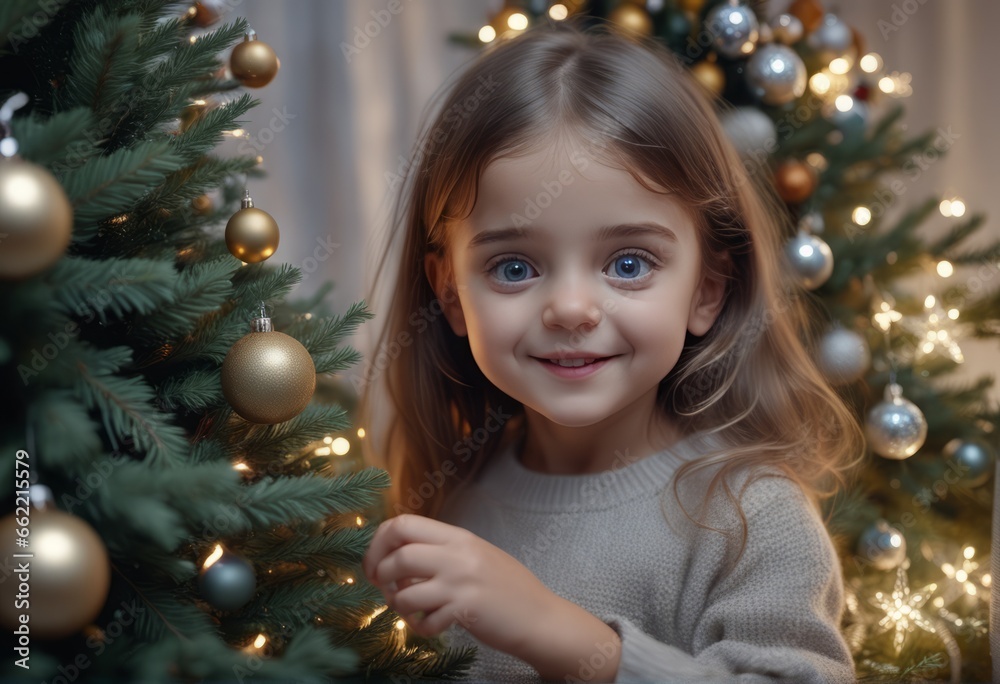 portrait of a little girl in a Christmas tree with toys. happy new year. Christmas concept. portrait of a little girl in a Christmas tree with toys. happy new year. Christmas concept. little girl at c