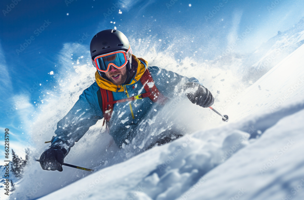 Sporty man skiing fast in the snow Sporty man skiing fast in the snow