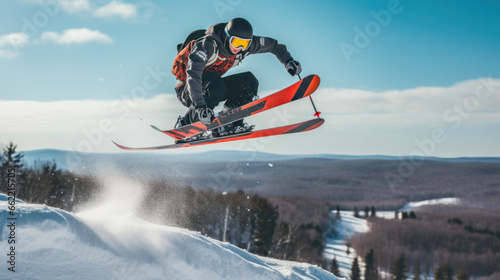 Sporty man skiing jump fast in the snow