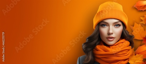 Generative AI banner of a Young Woman in Fall/Autumn Clothes on an Orange © Eitan Baron