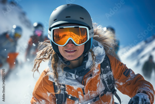 Chica modelo esquiando velozmente en la nieve © Jordijm