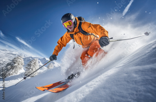 Sporty man skiing fast in the snow