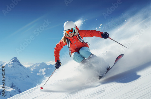 Chica modelo esquiando velozmente en la nieve