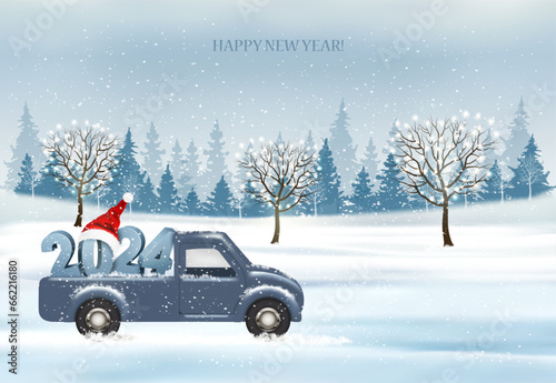 Holiday Christmas and Happy New Year background with with evening landscape and blue car with 2024 numbers and Santa hat. Winter illustration, banner, vector