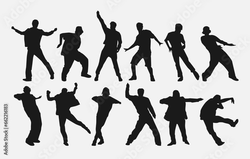 set of male dancer silhouettes. street dancers with various different styles, poses, movements. vector illustration.