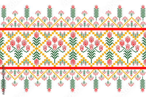 Pixel fabric pattern, abstract flower, geometric shape, square, tile, red, green, yellow, white for fabric pattern, pillow, curtain, bed sheet, tablecloth.