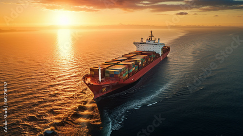 Cargo ship on the ocean with copyspace. Generative AI © BoszyArtis