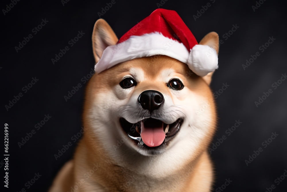 Studio portrait of a cute happy shiba inu dog  wearing a Christmas hat. AI generated