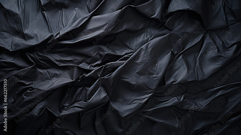 Obraz premium Black crumpled paper texture. Blank dark background with creases. Generative AI