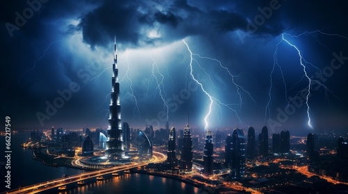 Nocturnal Spectacle  Lightning at Night Illuminates the City with Burj Khalifa Majesty