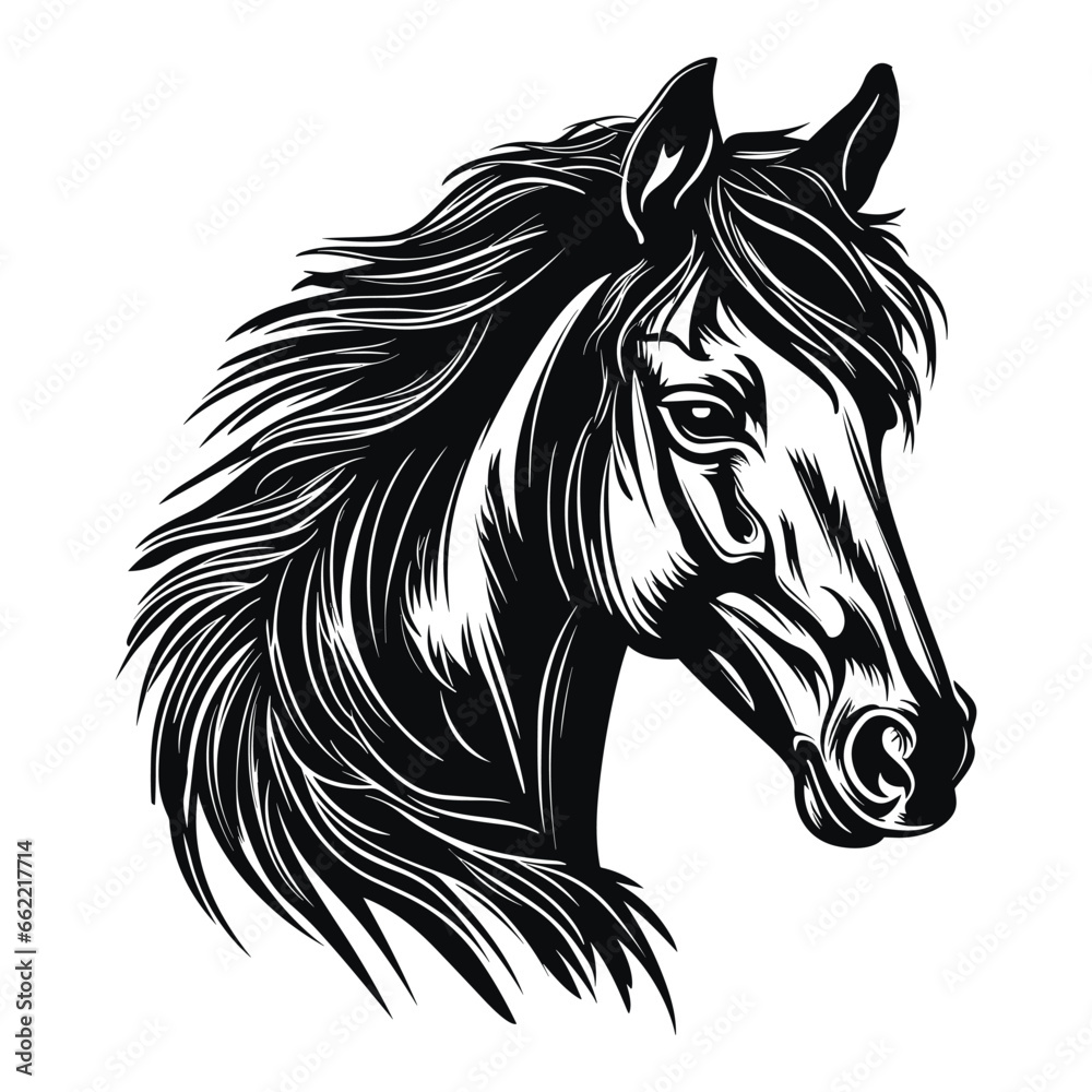 Horse head engraving woodcut style drawing vector template