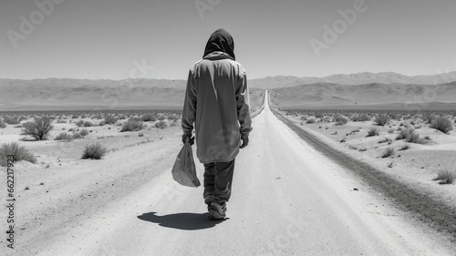 A homeless man walks along the road in the middle of the desert - Generative AI