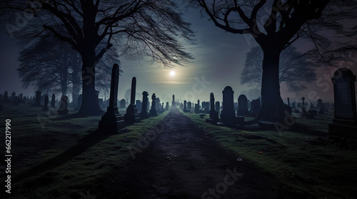 Cemetery covered with mist in the night with dark sky and moon. Halloween haunted cemetery concept.Generative AI