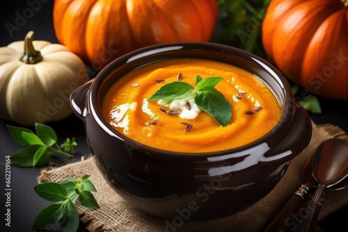 Pumpkin soup in a bowl. Thanksgiving dinner.