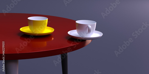 At the very edge of the table is a white cup. Unstable balance on the verge of falling.