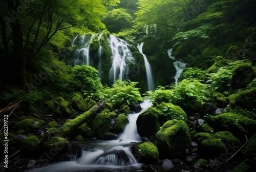 beautiful waterfall in the green forest. generative ai © LivroomStudio