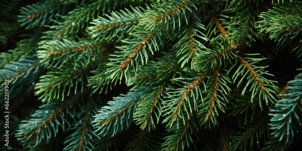 Christmas tree nature green background. Pine branches, needles top view. December mood concept. Spruce branch with needle of different varieties.