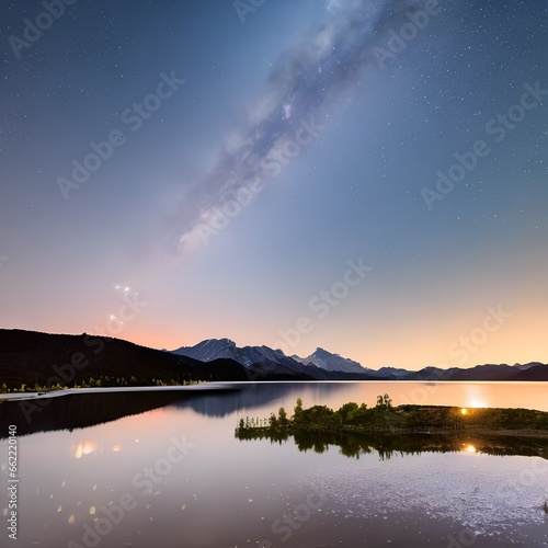 A starry night sky with a prominent Milky Way over a calm, reflective lake1, Generative AI