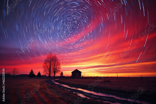 Sunset in the countryside   stars swirl in the sky.