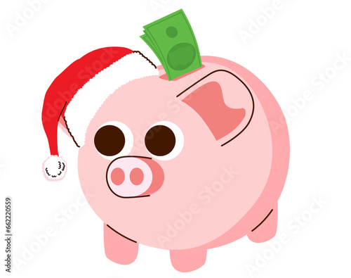 Illustration vector of piggy bank wearing Santa Claus hat isolated on white background. Saving for Christmas gift presents concept