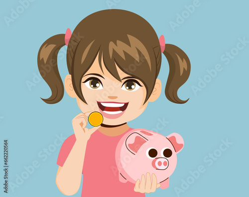 Illustration of happy kid holding piggy bank vector. Child putting golden coin saving money for future funds