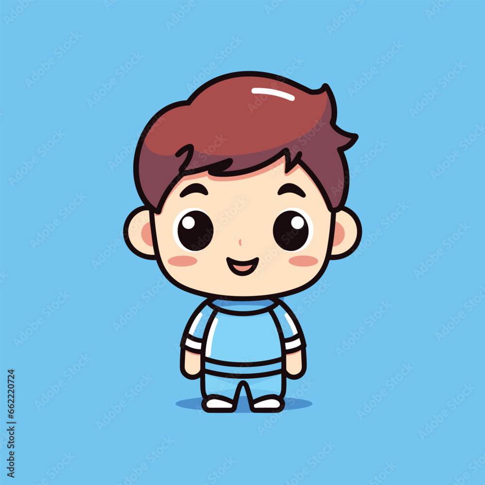 cartoon boy with brown hair standing in front of a blue background