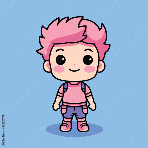 cartoon boy with pink hair standing in front of a blue background