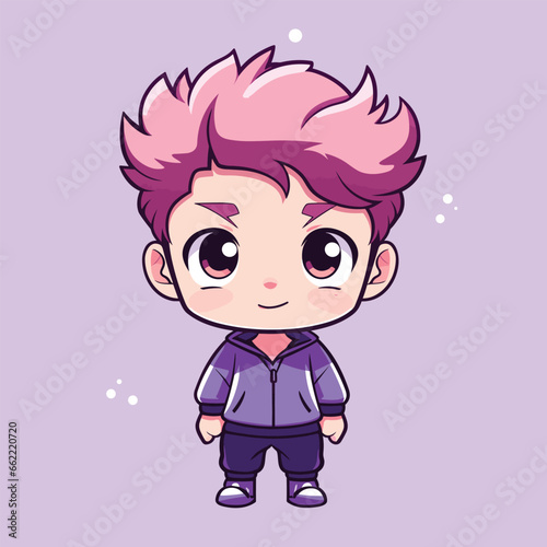 cartoon boy with pink hair standing in front of a purple background