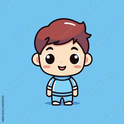 cartoon boy with brown hair standing in front of a blue background