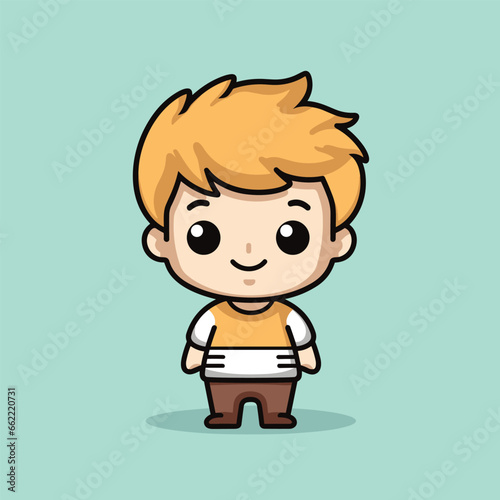 cartoon boy with yellow hair standing in front of a green background