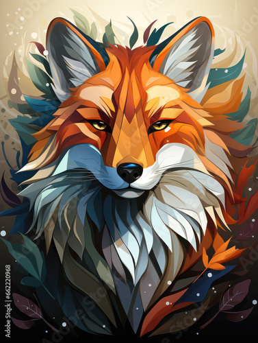beautiful fox art with blue, green and orange nature generatieve ai