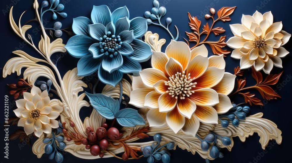 Close-up of a pattern of large picturesque multi-colored flowers on a blue background.