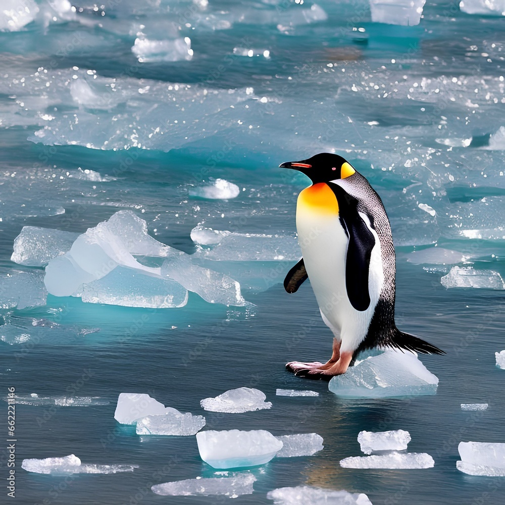 Fototapeta premium A cute and curious penguin waddling on an icy shoreline3, Generative AI