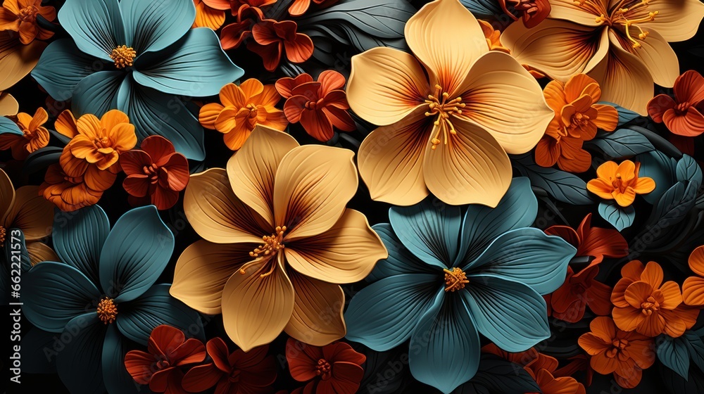 Close-up of a pattern of large picturesque multi-colored tropical flowers on a dark background.