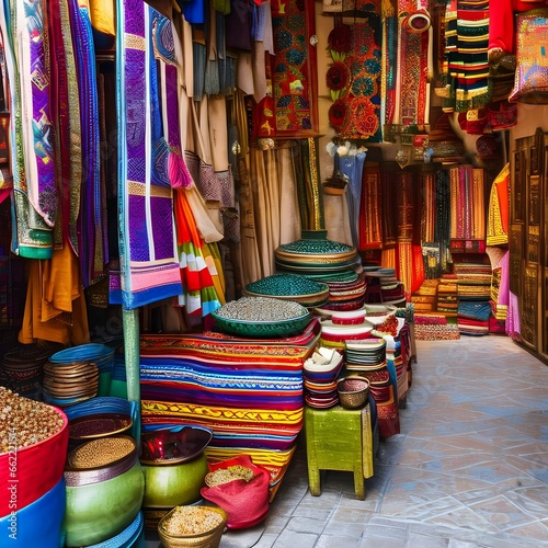 A vibrant and bustling Moroccan bazaar with colorful textiles and spices4, Generative AI © Ai.Art.Creations