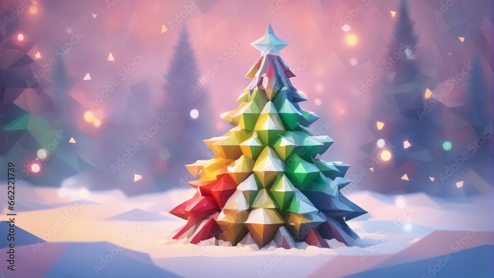 Low poly colorful christmas tree in snow