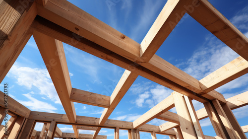 Detalle del marco de madera de la estructura prefabricada, vista hacia el cielo. Pilares de madera, construcción de granero. photo