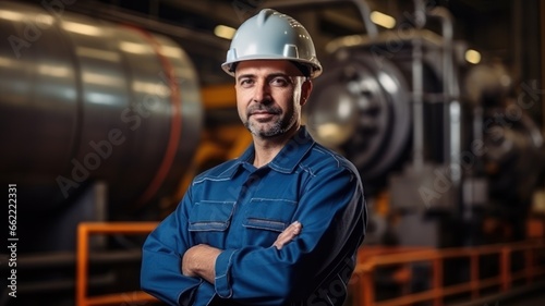 Portrait of an industrial maintenance engineer, man wearing a helmet