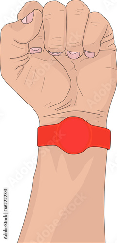 Red RFID bracelet on hand. Technology and mobile app vector element. Vector illustration design