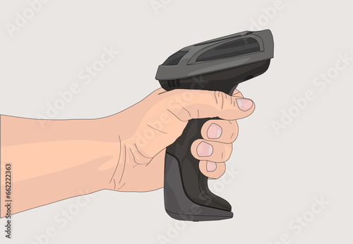 Young man's hand hold barcode scanner isolated on white background. Technology and mobile app vector element. Vector illustration design