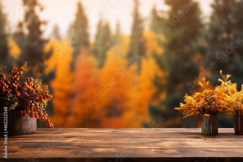 Wooden Tabletop Against Autumn Forest Bokeh Background for Product Display and Montage. Generative Ai.