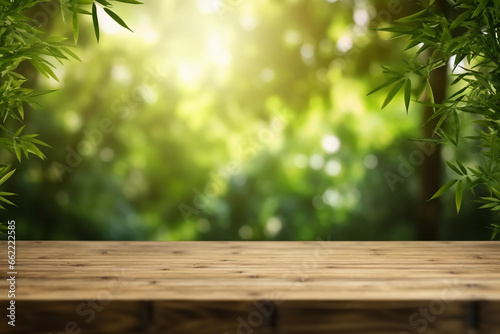 Forest Wood Tabletop Display for Product advertisement with Defocused Nature Background. Generative Ai.