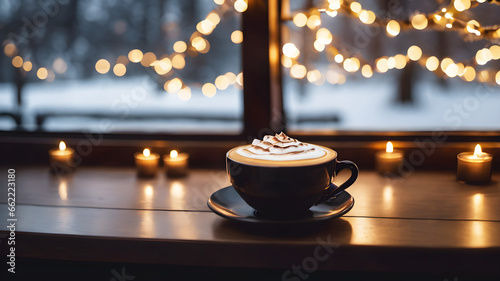 A cup of cappuccino on the table near the window