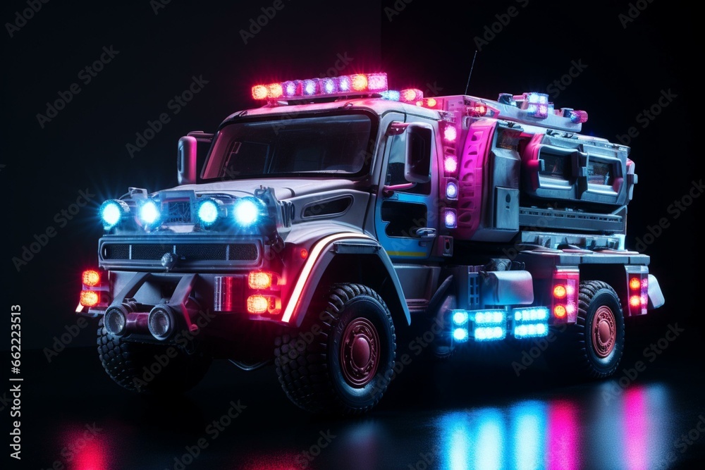 Emergency vehicle with flashing lights. Generative AI Emergency vehicle with flashing lights. Generative AI