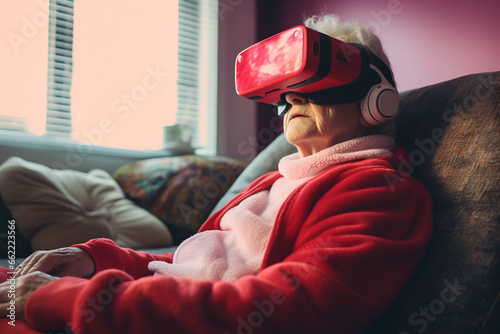 Old woman at a home using red pink virtual reality glasses to see a movie. Modern grandma with 3d googles.