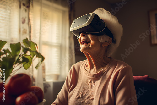 Old woman sitting at home wearing virtual reality 3d glasses talking to her family in the distance. Grandma connecting with relatives using the latest googles technology.